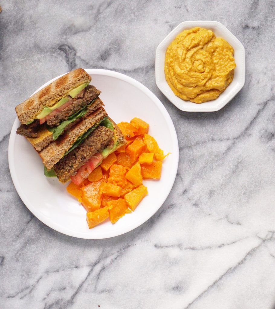 Pumpkin Hummus 910x1024 - California Veggie Burger with Sweet & Savory Pumpkin Hummus