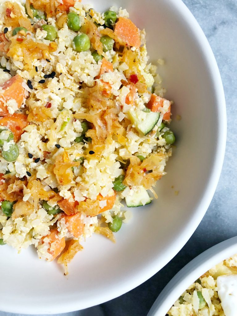 cauli rice 5 768x1024 - Paleo Sriracha Ginger Cauliflower Kraut Fried Rice