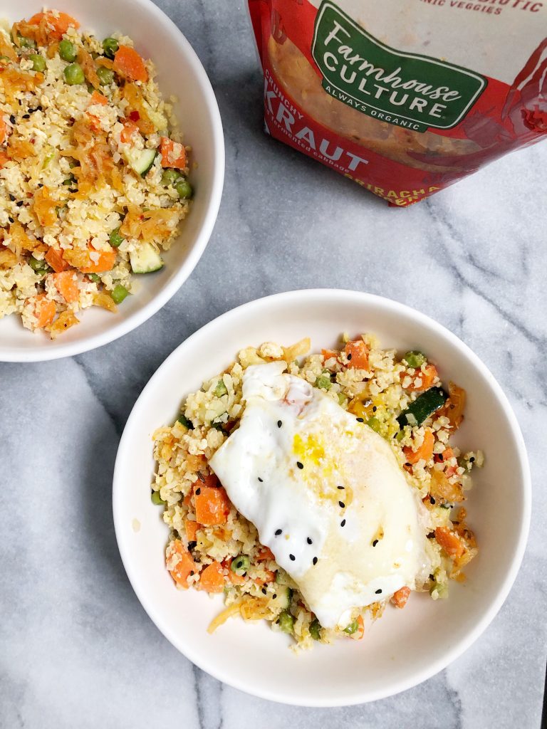 cauli rice1 768x1024 - Paleo Sriracha Ginger Cauliflower Kraut Fried Rice