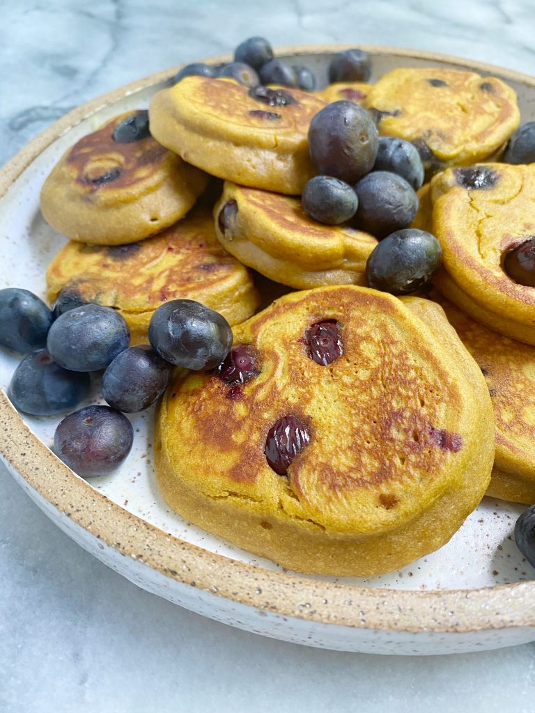 sweet potato blueberry pancakes2 768x1024 - Mini Sweet Potato Blueberry Pancakes (Gluten-Free)