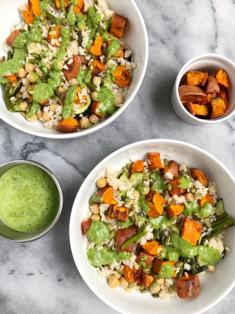 vegan rice bowl with green goddess dressing